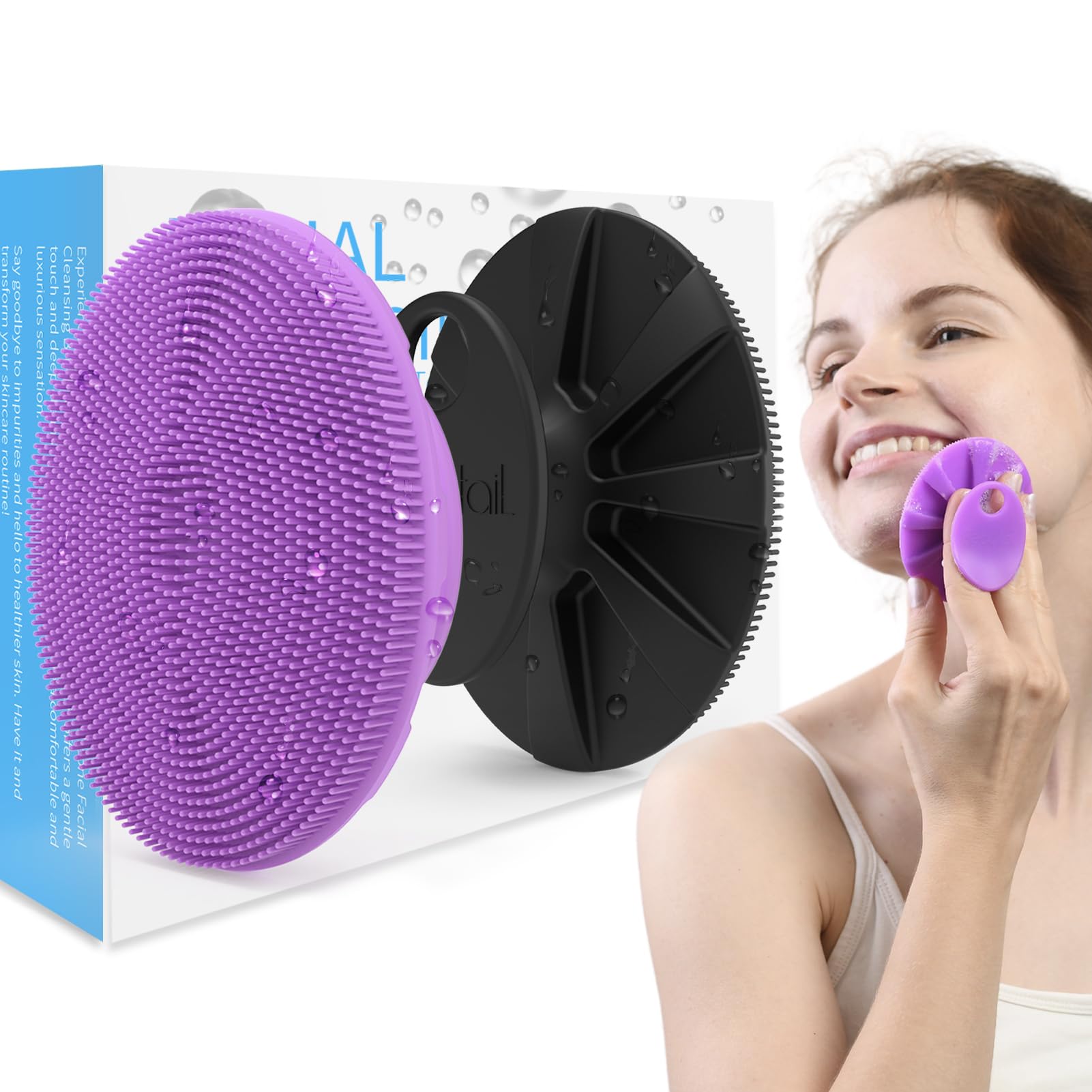 Silicone Face Scrubber 2 Pack, BEAUTAIL Manual Facial Cleansing Brush, Gentle Face Exfoliator for Sensitive Skin, Skin Care Exfoliating Face Brush for Men and Women, Black+Purple