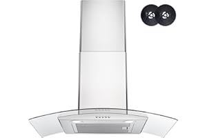 Range Hood 30 Inch, FIREGAS Ducted/Ductless Convertible Wall Mount Range Hood with Tempered Glass, 3 Speed Fan, 400CFM, Button Control, LED Light, Stainless Steel Filters, include 2 Charcoal Filters