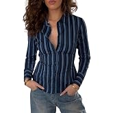 Women Y2k Plaid Button Up Shirt Vintage Long Sleeve Coquette Shirt Preppy V Neck Collared Blouse Aesthetic Work Tops