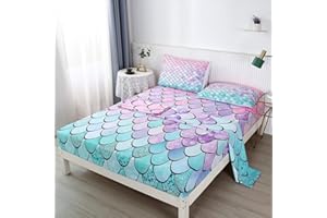 WINLIFE Mermaid Scales Bed Sheets Set for Girls, Pink Aqua Colorful Sheet Set, Deep Pocket Sheets 3-Pieces (1+ Fitted Sheet, 1+ Flat Sheet, 1+ Pillowcase), Mermaid, Twin
