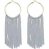 Boho Long Tassel Dangle Earrings for Women Lightweight Circle Hoop Silky Thread Fringe Drop Statemen Earrings