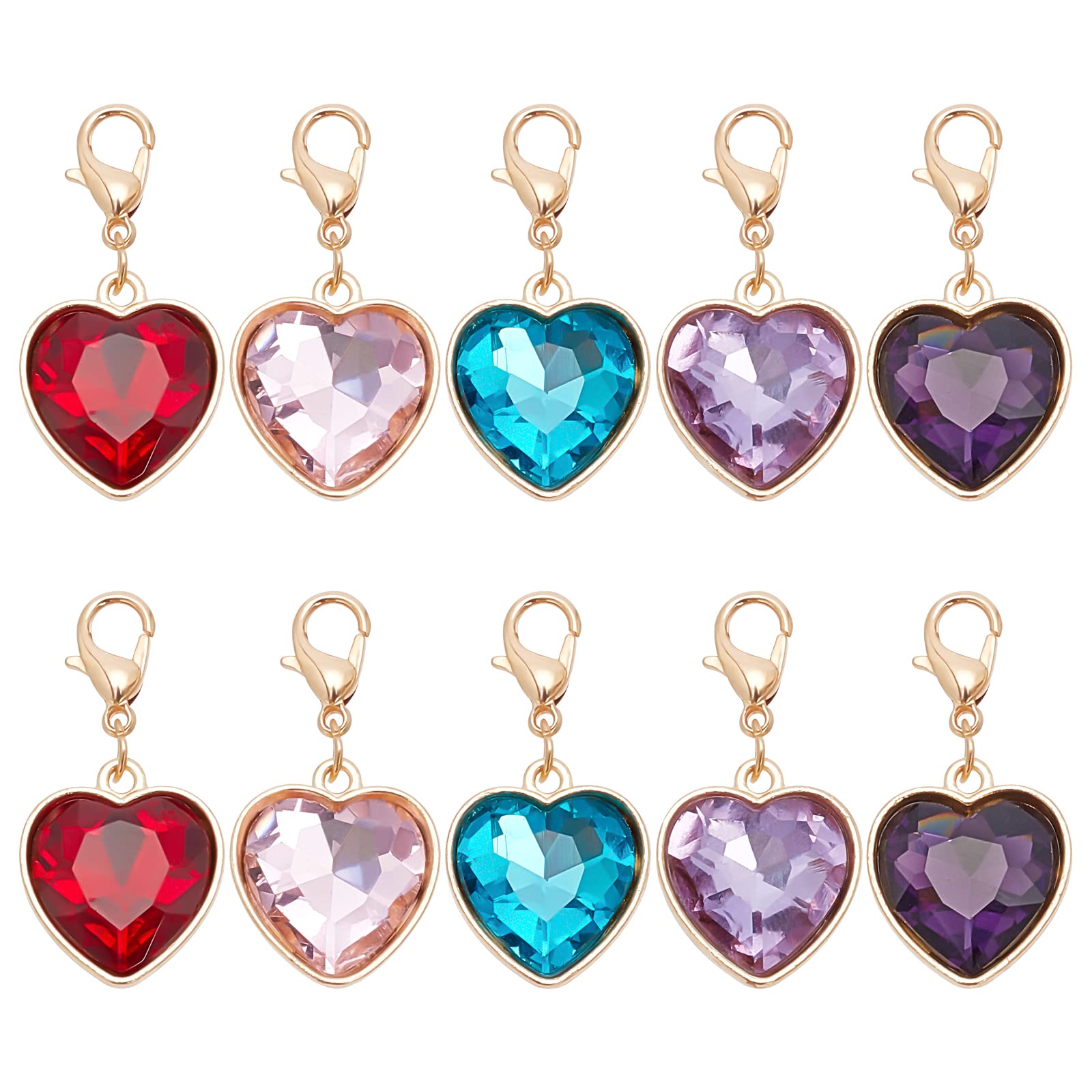 PH PandaHall Heart Glass Charms, 5 Colors Faceted Heart Crystal Pendant Mother's Day Dangle Charms with Lobster Claw Clasps for Wedding Christmas Keychain Jewellery Making, 10pcs