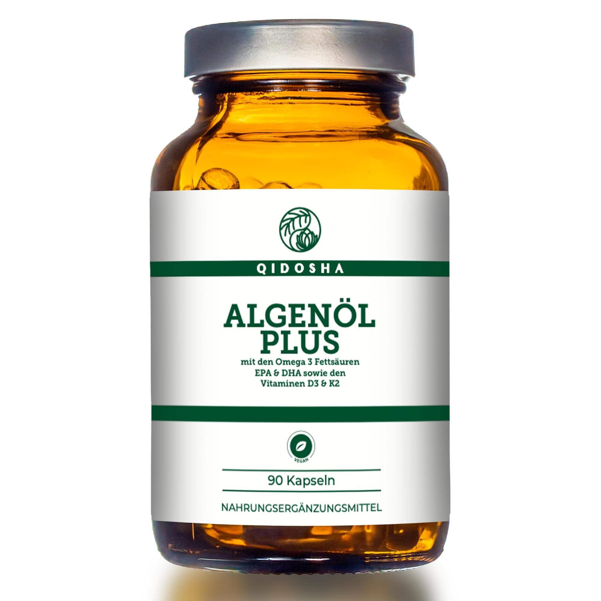 QIDOSHA® Omega 3 Algenöl Kapseln plus Vitamin D3 und K2 mit dem Markenrohstoff "Life's Omega" von DSM aus den Niederlanden, 90 vegane Kapseln im Apothekerglas