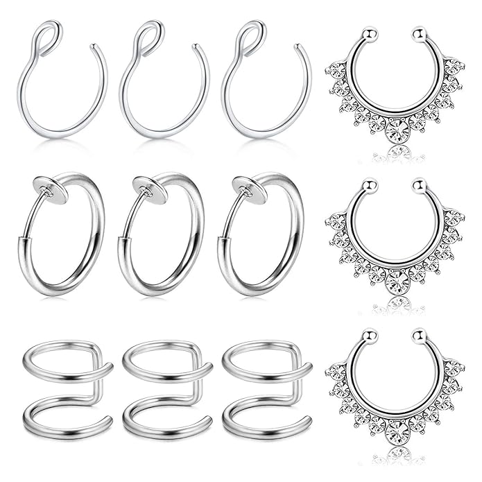 MODRSA Fake Nasenpiercing Nasenring Hoop 12 Stück Chirurgenstahl Fake Lippe Ohr Nase Septum Ring Non-Pierced Clip On Nasenpie