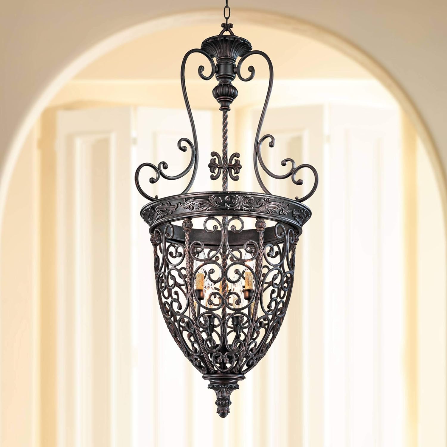 French Scroll Rubbed Bronze Foyer Chandelier 22 1/2" Wide Rustic
