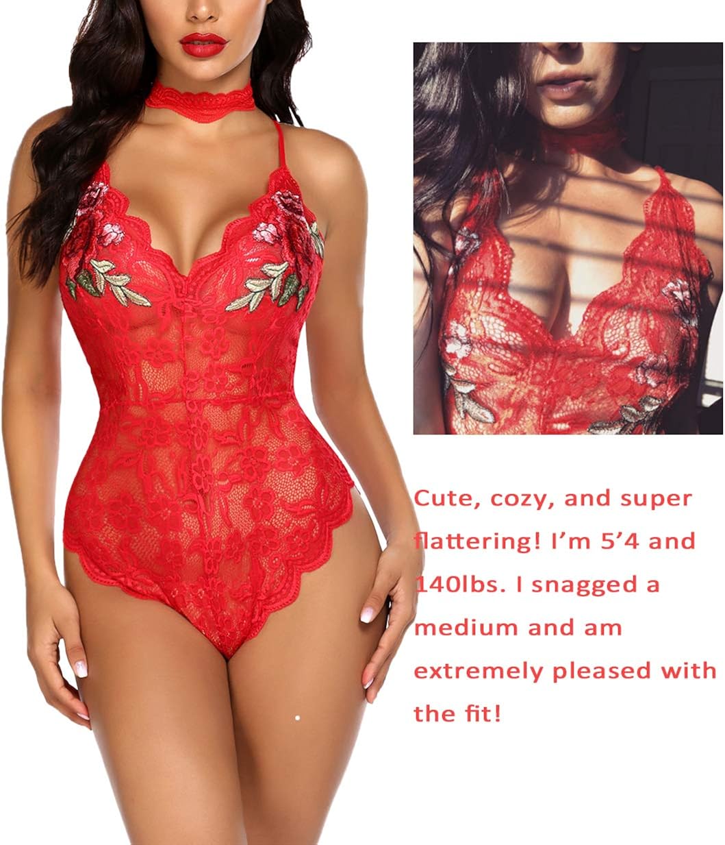 ADOME Women Lingerie Bodysuit Embroidered Lace Teddy with Choker One Piece Babydoll: Clothing