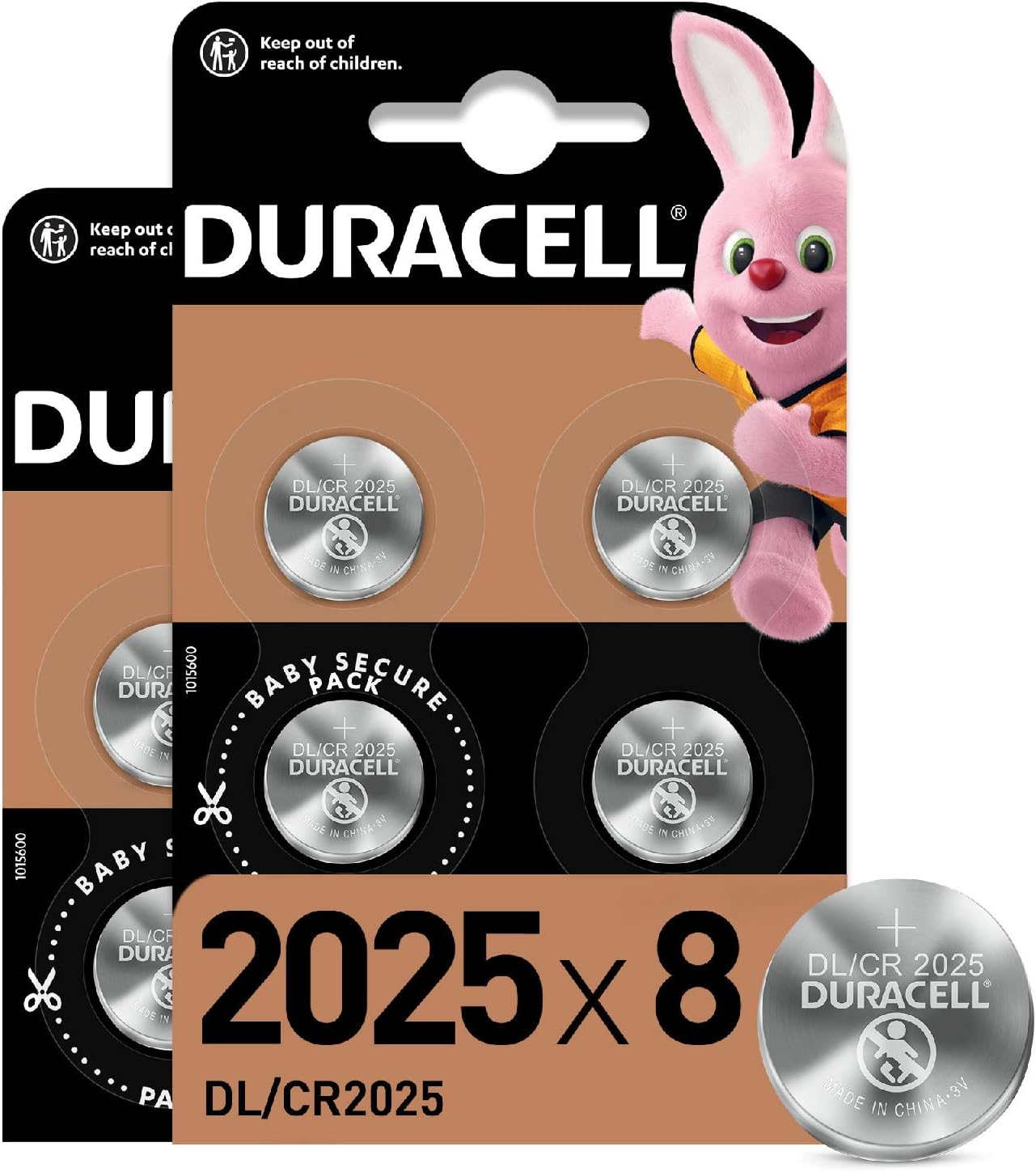 DURACELL 2025 Lithium Coin Batteries 3V (8 Pack), Up to 70% Extra Life, Baby Secure Technology