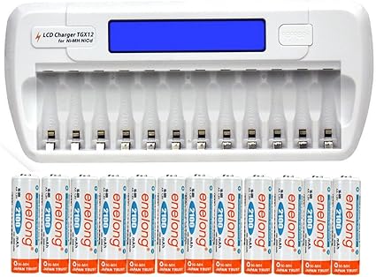 Amazon エネロング 単3形電池12本 充電器 Tgx12 の充電池入門セット 12本同時充電可能 Lcdディスプレイで充電状況が一目で分かる ホワイト Tgx 充電式電池 充電器パック