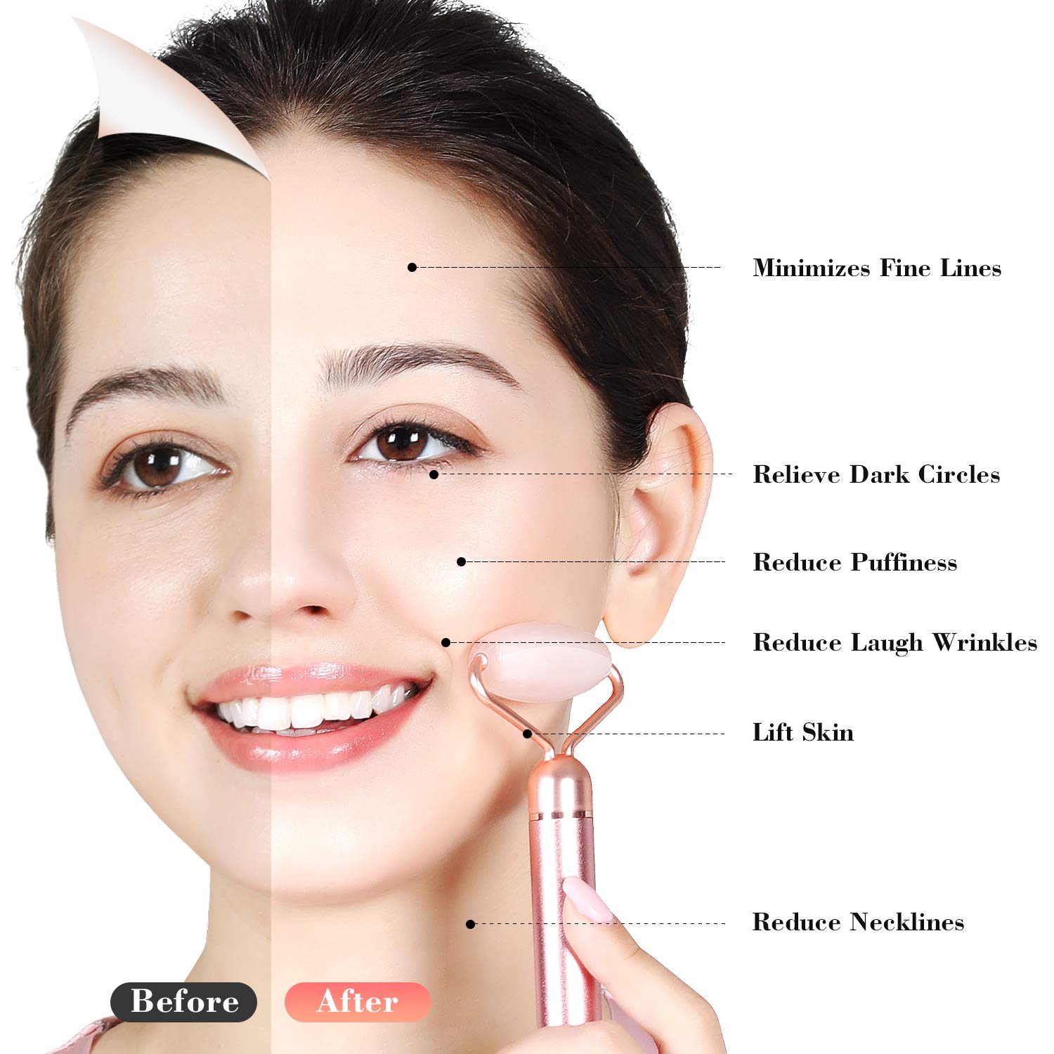 Jade Roller for Face - 2 in 1 Electric Vibrating Face Roller Massager, 100% Natural Rose Quartz Roller Massager, Anti-Aging, Skin Tightening, Reduce Fine Lines and Wrinkles for Face, Eye, Neck: Beauty