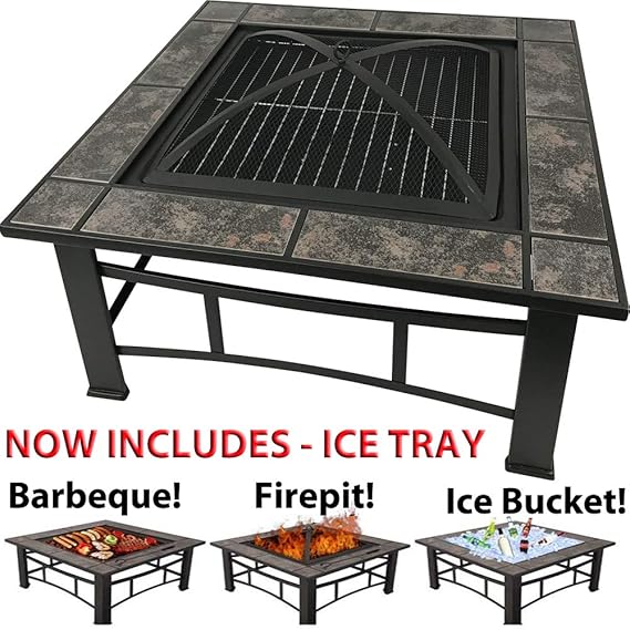 RayGar FP44 3 in 1, quadratische Feuerstelle zum Grillen, Eisschale