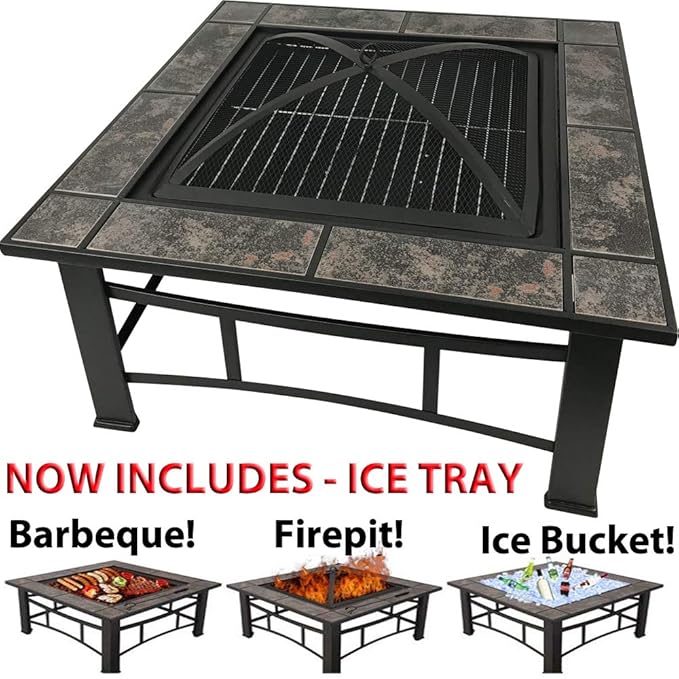RayGar FP44 3 in 1, quadratische Feuerstelle zum Grillen, Eisschale