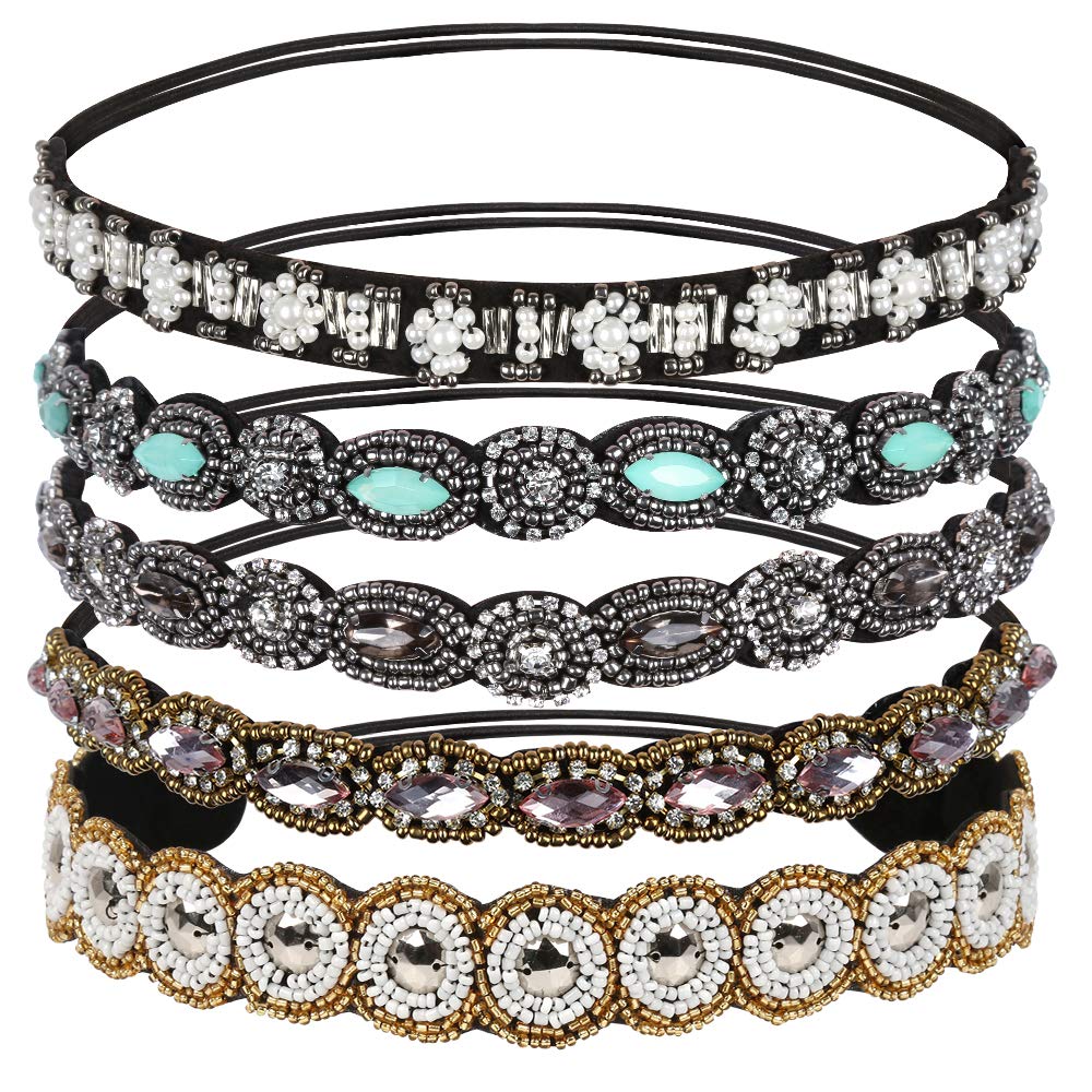 Teenitor Rhinestone Beaded Elastic Headband, Fashionable Handmade Crystal Beaded Elastic hairbands Lady Women Girls Hair Jewelry Accessories, 20-26.8" Fits for Most, 5 Pieces : Beauty