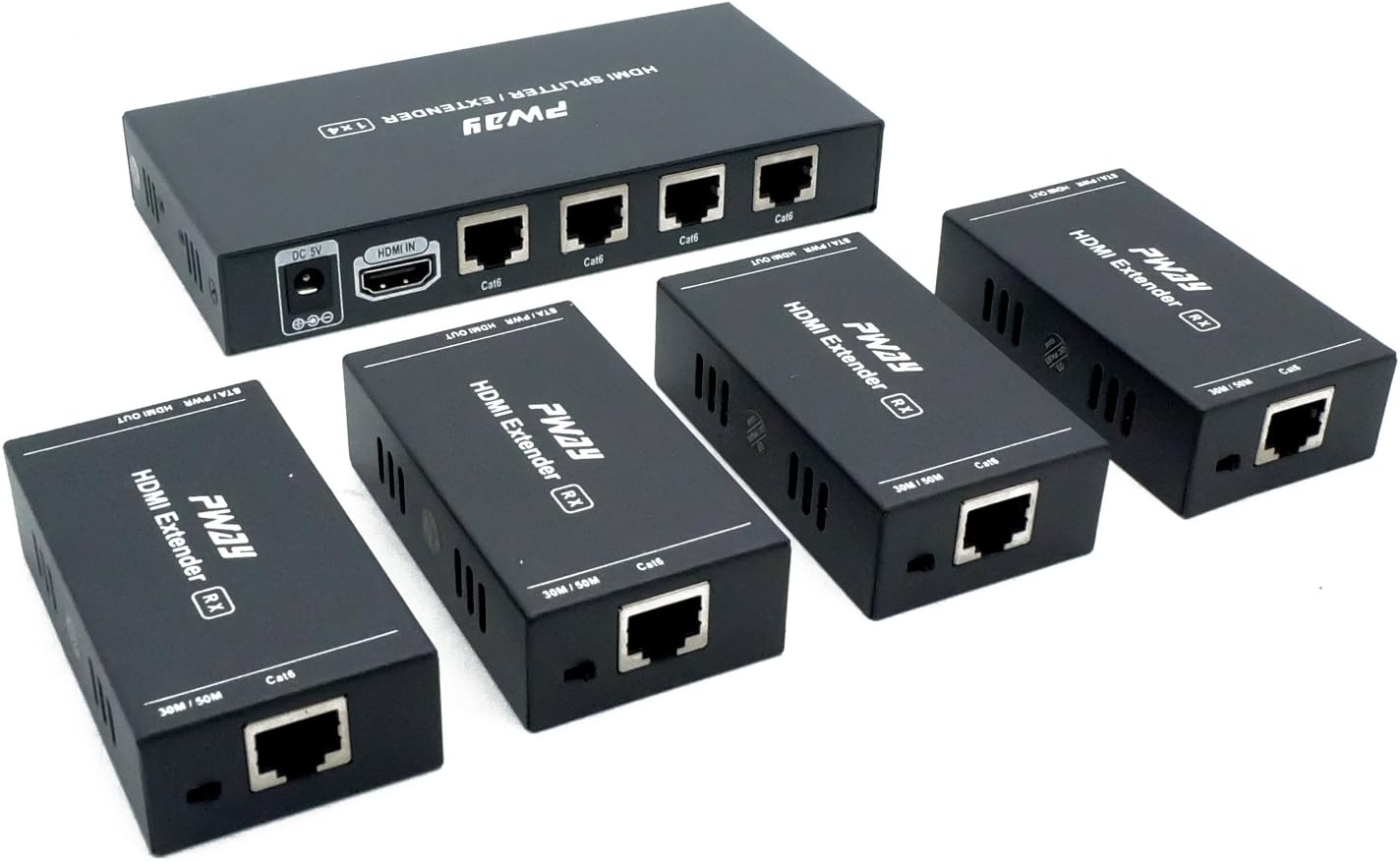 PW-HTS0104(POC) HDMI Splitter Extender 1X4 Port Over Cat5e/Cat6 Ethernet Cable No delay Up to 50m/165ft and Resolution Up to 1080P@60Hz(1 In 4 Out)