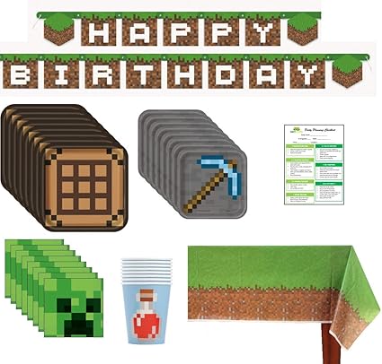 Amazon Minecraft 誕生日パーティー用品パック 大小皿 カップ ナプキン テーブルカバー バナー 16名 パーティーグッズ おもちゃ