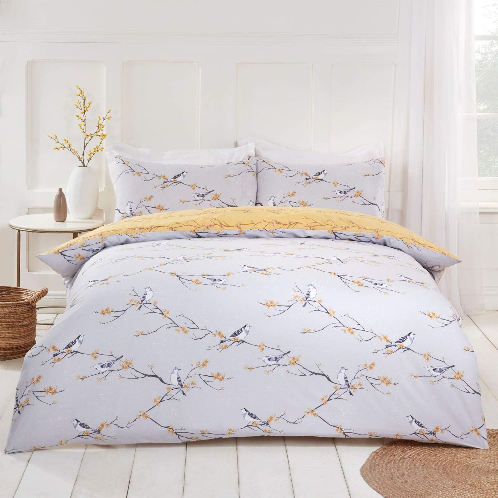 Blossom Bird Reversible Floral Quilt Duvet Cover with Pillowcase Bedding Set, Grey Ochre Yellow - Double