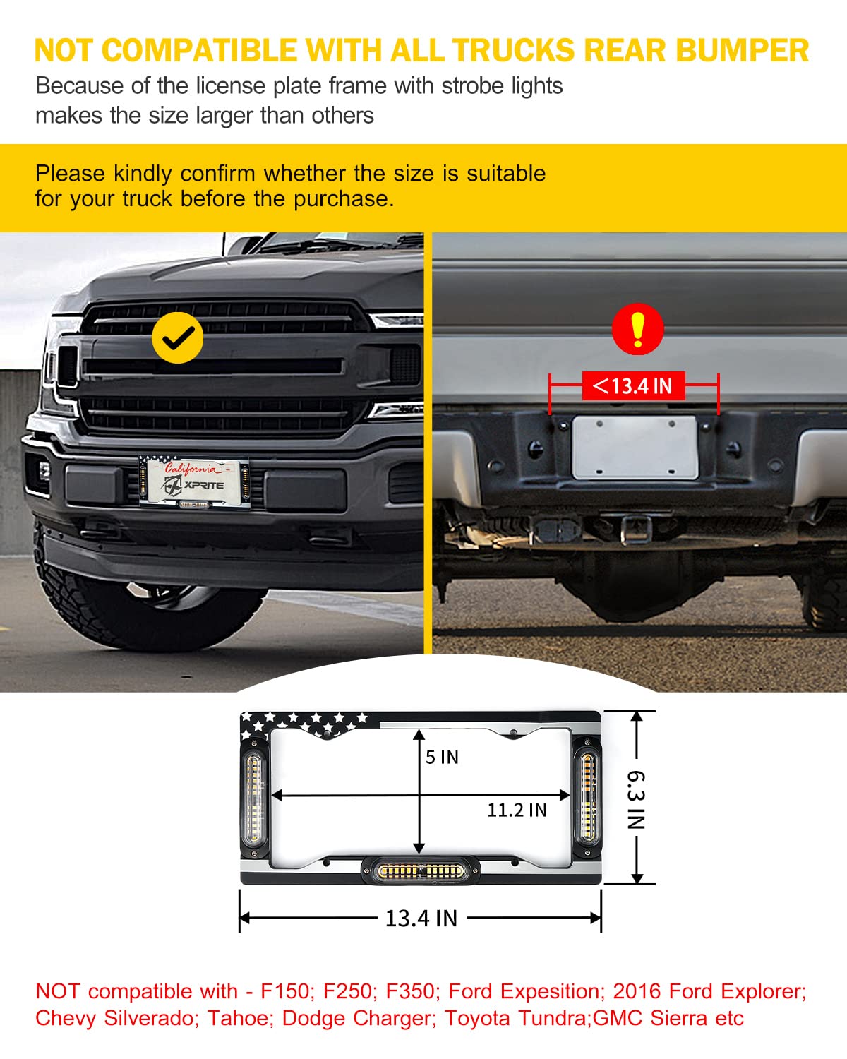 Xprite 36 LED License Plate Strobe Light, US Flag Front/Rear Police Light, 22 Flash Modes Emergency Safety Warning LED License Frame for Police Car Vehicle Truck, Red Blue (w/Pre-Installed 9FT Cable)