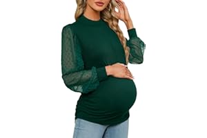 FMEYOA Women's Maternity Shirt Long Sleeve Top Swiss Dot Mock Neck Ribbed Knit Striped Ruched Side Blouse