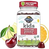 Garden of Life Kids Immune Support Gummies with Vitamin C, D as D3 & Zinc for 3-in-1 Daily Children’s Immunity – Organic, Non-GMO, Gluten-Free, Vegetarian, Sugar Free, Cherry Flavor, 30 Day Supply