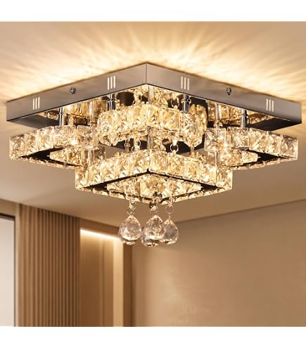Deckrico 11.8" Crystal Chandelier LED Ceiling Lamp – Dimmable With Remote, 3 Color Temps (3000K/4500K/6000K), For Kitchen, Bedroom, Hallway
