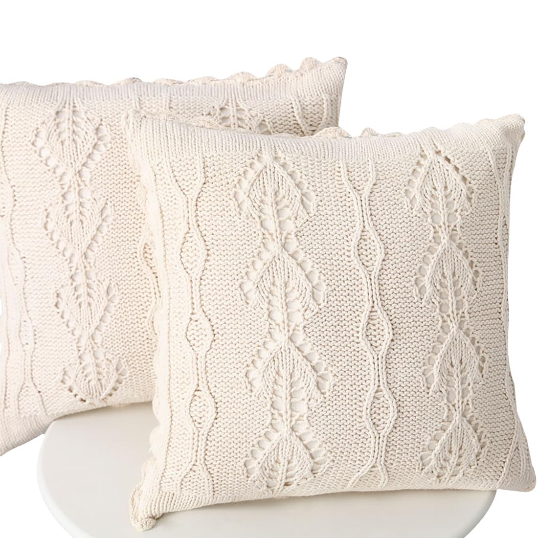 Chlophy Boho Cushion Covers Macrame Leaves 45x45CM Ivory 18x18 Set of 2 Cable Knitted Handmade Bohemian Moroccan