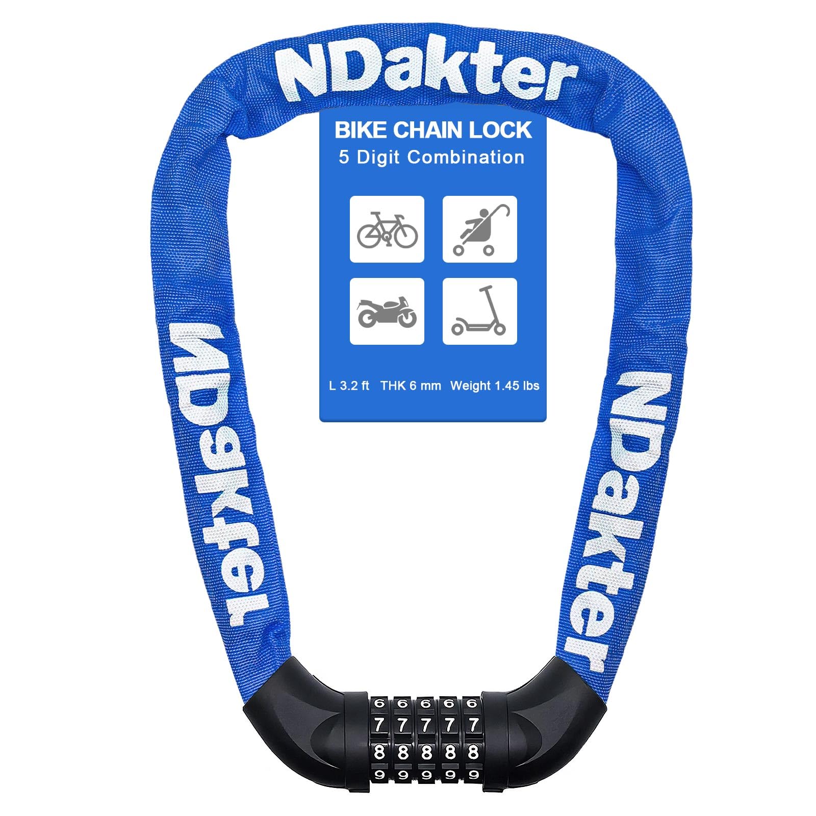 Photo 1 of NDakter Bike Lock, 5 Digit Combination Heavy Duty Anti Theft Bicycle Chain Lock, 2.62/3.2/4.27/5/6Ft Long, High Security Resettable, Suitable for Bike, Scooter, Door, Gate, Fence-4/6mm Thick