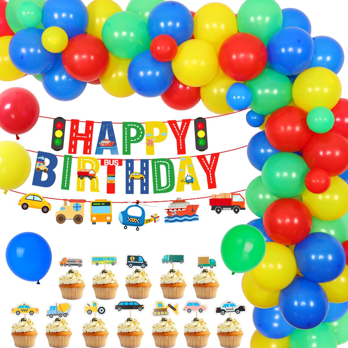Fangleland Vehicle Party Decorations Transportation Balloon Garland Arch Kit Construction Birthday Supplies Car Train Bus Yacht Plane Truck Foil Balloons Cake Topper Banner for Kids