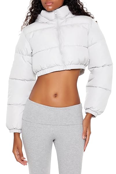 FOREVER 21 WOMEN’S SUPER CROPPED PUFFER JACKET SILVER...
