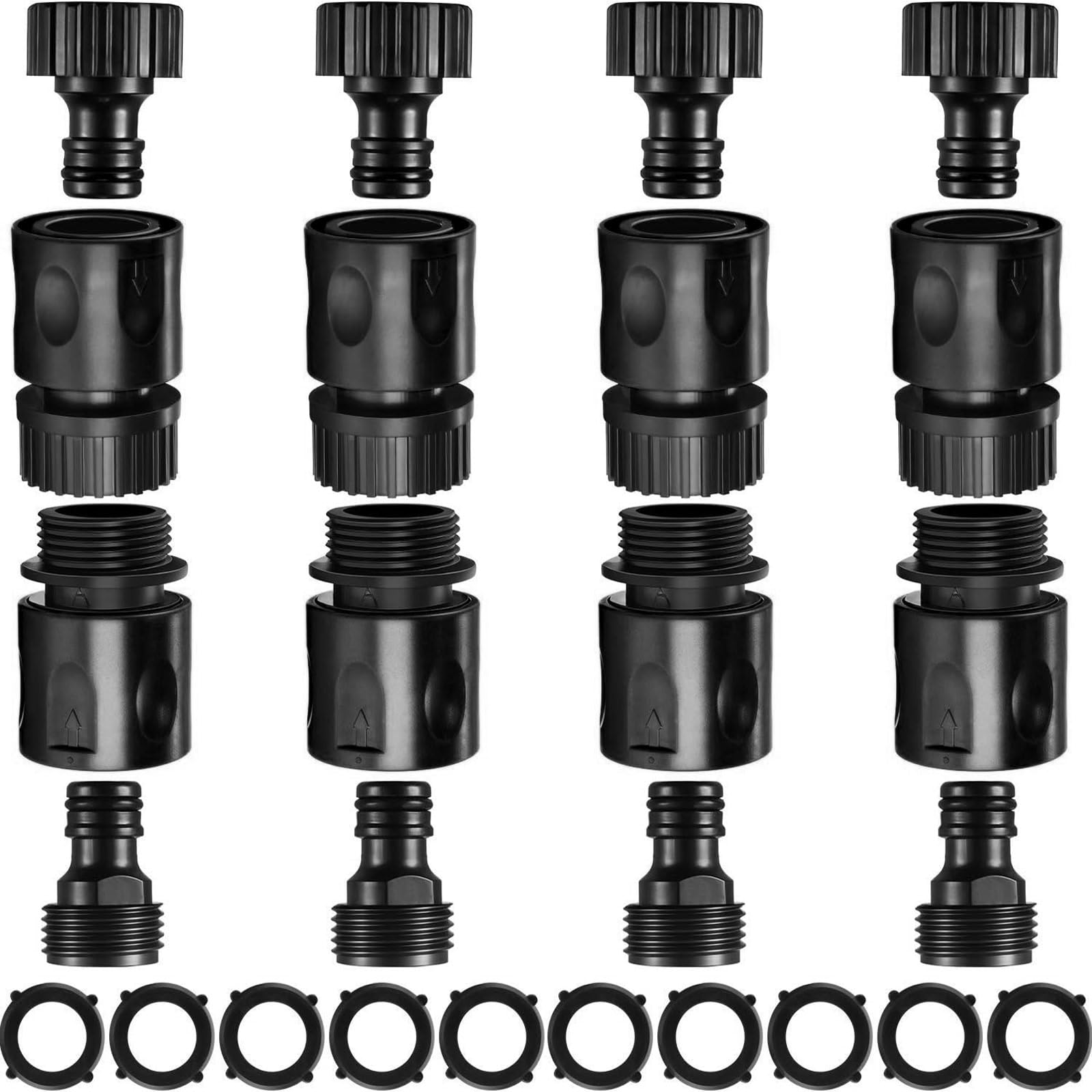 Photo 1 of 16 Pieces Garden Hose Quick Connector 3/4 Inch Plastic Water Hose Fittings Male and Female Connectors End Adapters with 10 Pieces Rubber Gaskets(Black)