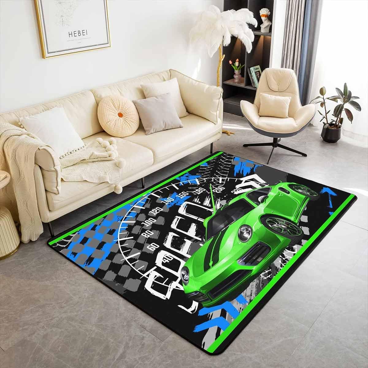 Race Car Area Rug 150x200cm Speed Sports Car Living Room Rugs Extreme Sports Decorative Rug Automobile Indoor Floor Mat Cool Car Green Black Black Accent Rug — image 1