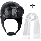 Acekar 4Pcs Aviator Costume Accessories,Aviator Hat With Goggles White Scarf Brooch,Pilot Cap for Adults Halloween Party