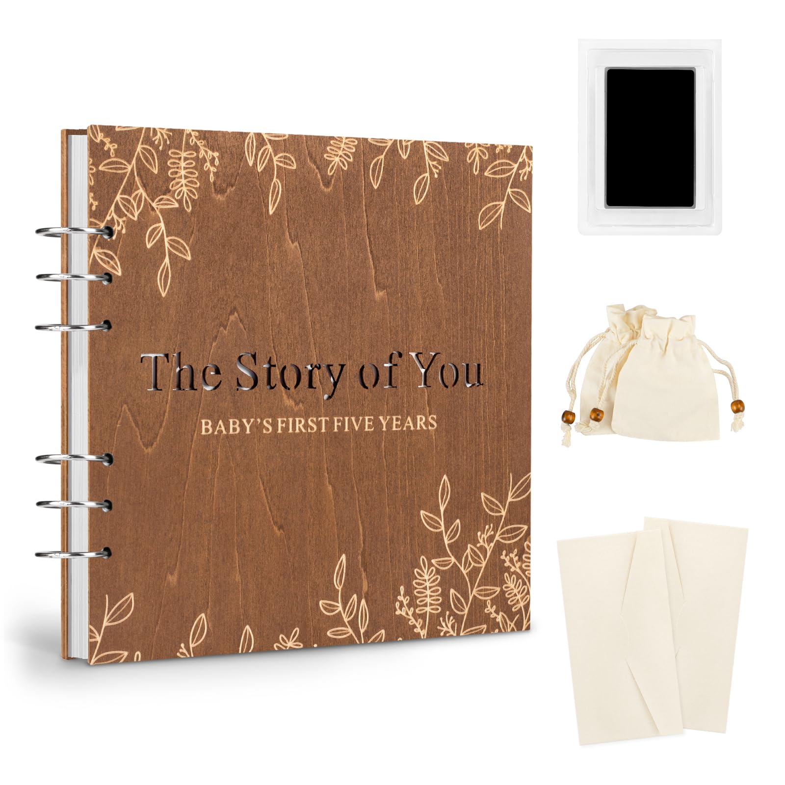 Creawoo Wooden Baby Memory Book Set Baby's First 5 Years Milestone Journal Book, Baby Record Diary Scrapbook, Baby Shower Keepsake Gift Box for New Mums Dads (Included Ink Pad/Souvenir Bags/Envelopes)