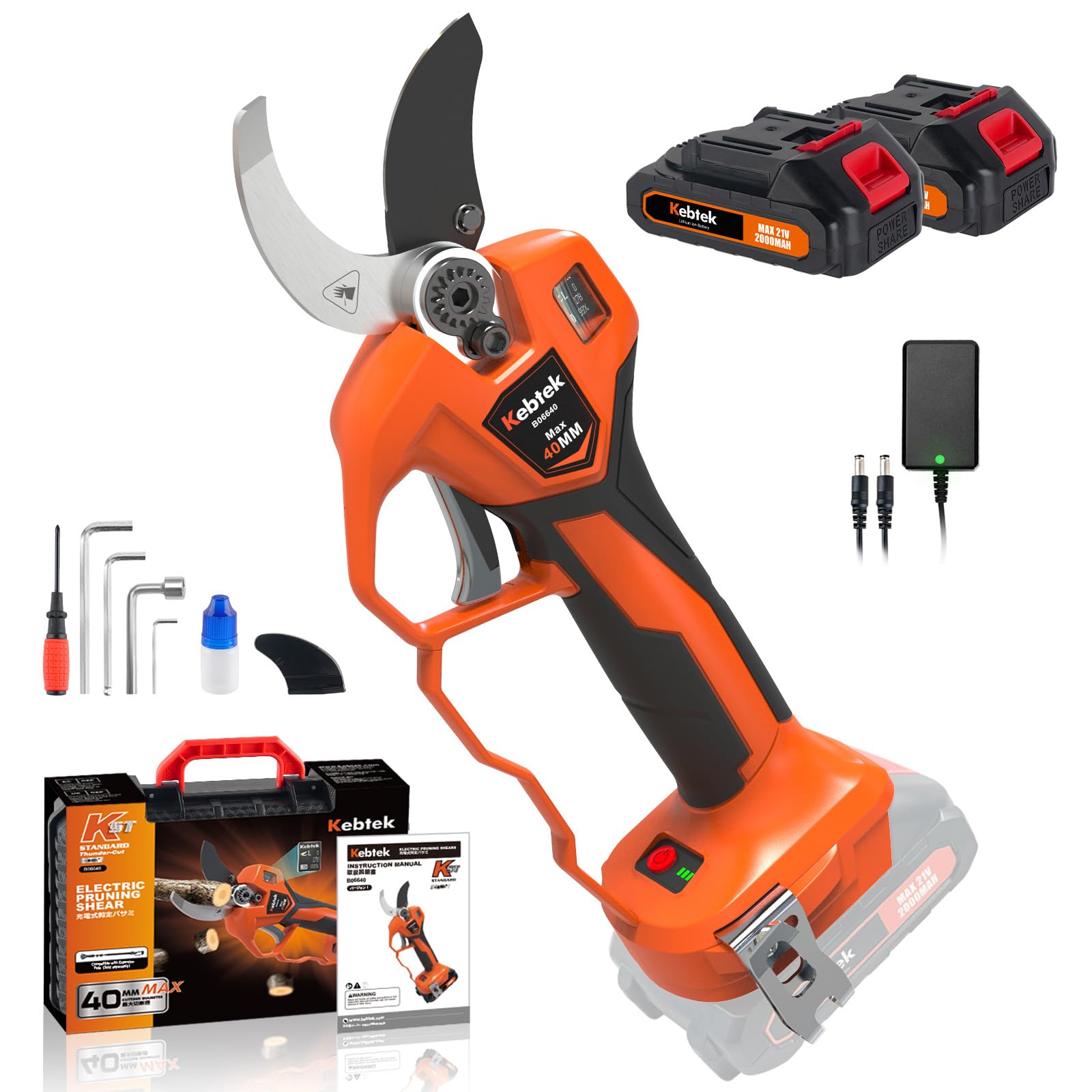 Kebtek B06640 Elektrische Gartenschere mit Akku progressive Schnittfunktion, Max 40mm profi kabellose astschere mit 4000mAh Akku, kompatibel mit Makita 18V Akkus, tragbares Gartengerät