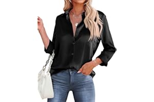 Hotouch Women's Satin Silk Shirts Button Down V Neck Dressy Casual Blouse Loose Long Sleeve Office Work Tunic Tops