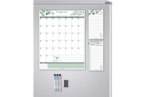 ALEZEL Magnetic Dry Erase Calendar for Fridge, Greenery Monthly Fridge Calendar Whiteboard Set - Vertical Monthly Calendar for Refrigerator, Grocery & to Do List White Board, 3 Markers + Eraser