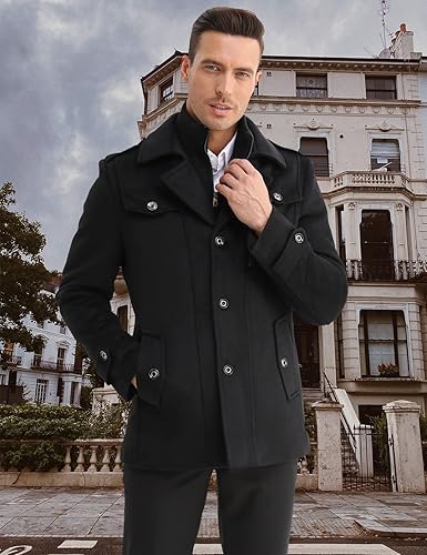 iCKER Mens Trench Coat Winter Wool Blend Jacket Overcoat Long Top Coat Warm  Pea Coat-1908-Black 1-XS