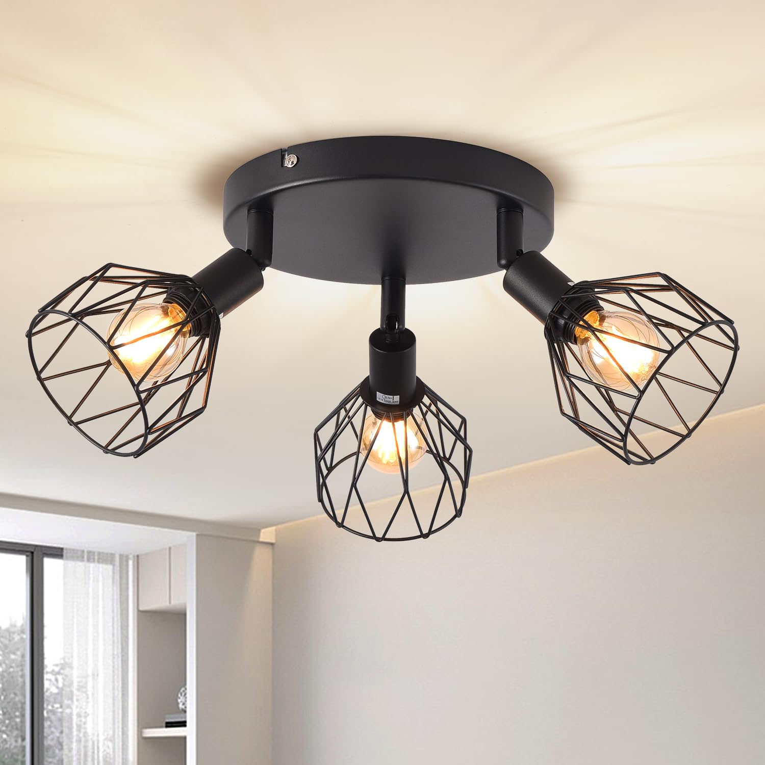 ANWIO Kitchen Lights Ceiling,Round 3 Way Black Lounge Industrial Wall Lights-Adjustable SpotLights Ceiling Lights Wire Cage with E14 Base, Light Fittings Ceilings for Kitchen Living Room