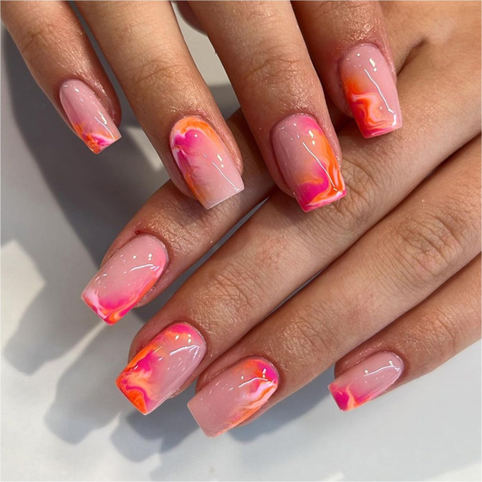 Ceboic Short Square False Nails, 24Pcs Pink Yellow Smudge Press on Nails Acrylic Full Cover Fake Nail, French Nail Tips with Elegant Design Natural Stick on Nails for Women Girls Nail Art
