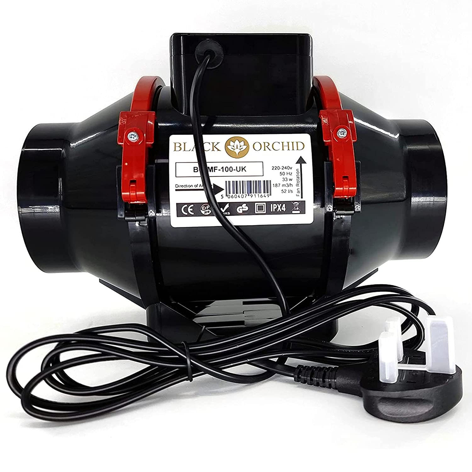 BLACK ORCHID 4” (100mm) Mixed-Flow Inline Extractor Fan with UK Plug & Lead – Quiet Ventilation for Hydroponic Grow Rooms