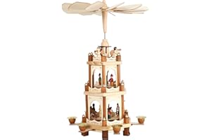 PIONEER-EFFORT 17 Inch Wooden Christmas Pyramid Windmill Candle Holders - 3 Tiers Carousel- Hand Painted Nativity Figurines -