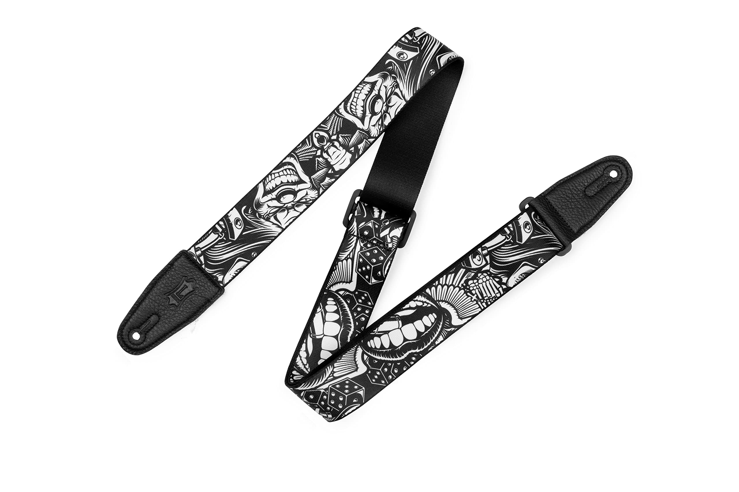 Levy's Leathers Unisex's 2" Poly Guitar Strap with Tattoo Series Design Leather Ends Adjustable from 35” to 60, Black and White Clowns, One Size