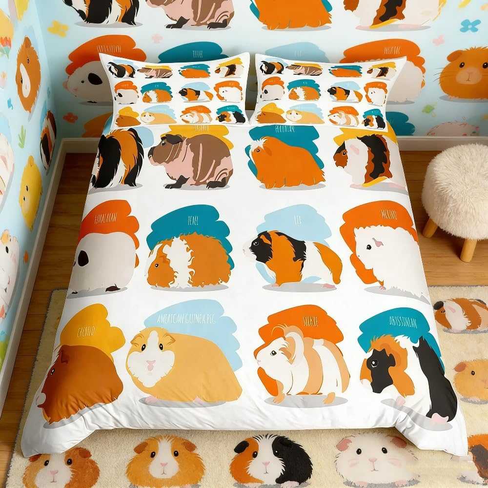Loussiesd Guinea Pig Comforter Cover Single Size Pet Theme Bedding Set Animal Decorative 2 Pieces Cute Lovely Duvet Cover Set Orange Blue Print Bedspread Cover with 1 Pillowcase Zipper Lightweight — image 1