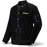 ONETIAN Leather Welding Jacket Black;Heavy Duty Safety Jacket;Heat and Flame Resistant