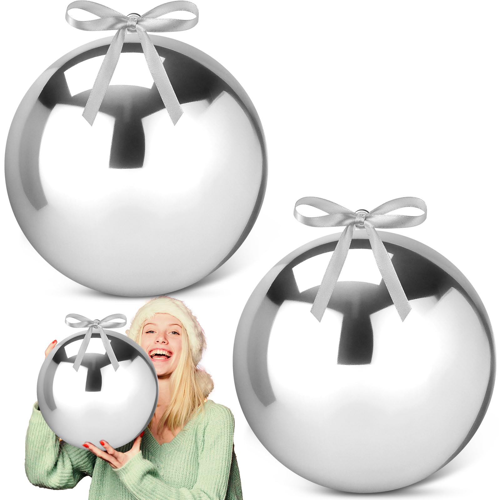 View 1 of ***One Damaged****Zubebe 2 Pcs 8" Giant Fillable Christmas Ornaments with Ribbons Oversized Plastic Xmas Balls for Outdoor Lawn Yard Decor, Tree Hanging, Holiday Gifts(Shiny Silver)