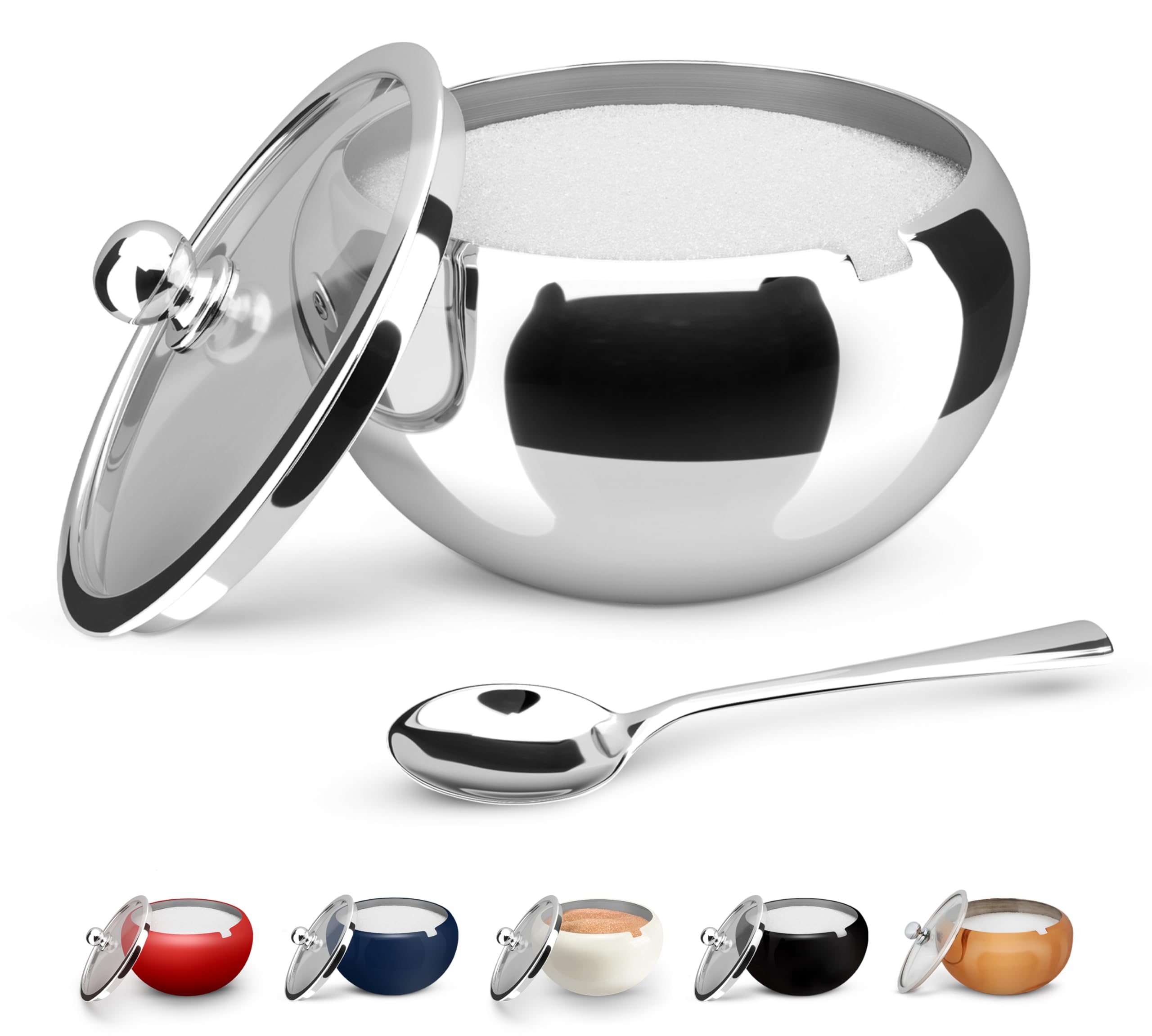 Photo 1 of KooK Sugar Bowl with Lid and Spoon, Container with Lid, for Salt, Coffee, Holds 2 Cups, Dishwasher Safe, Stainless Steel, 16 Oz