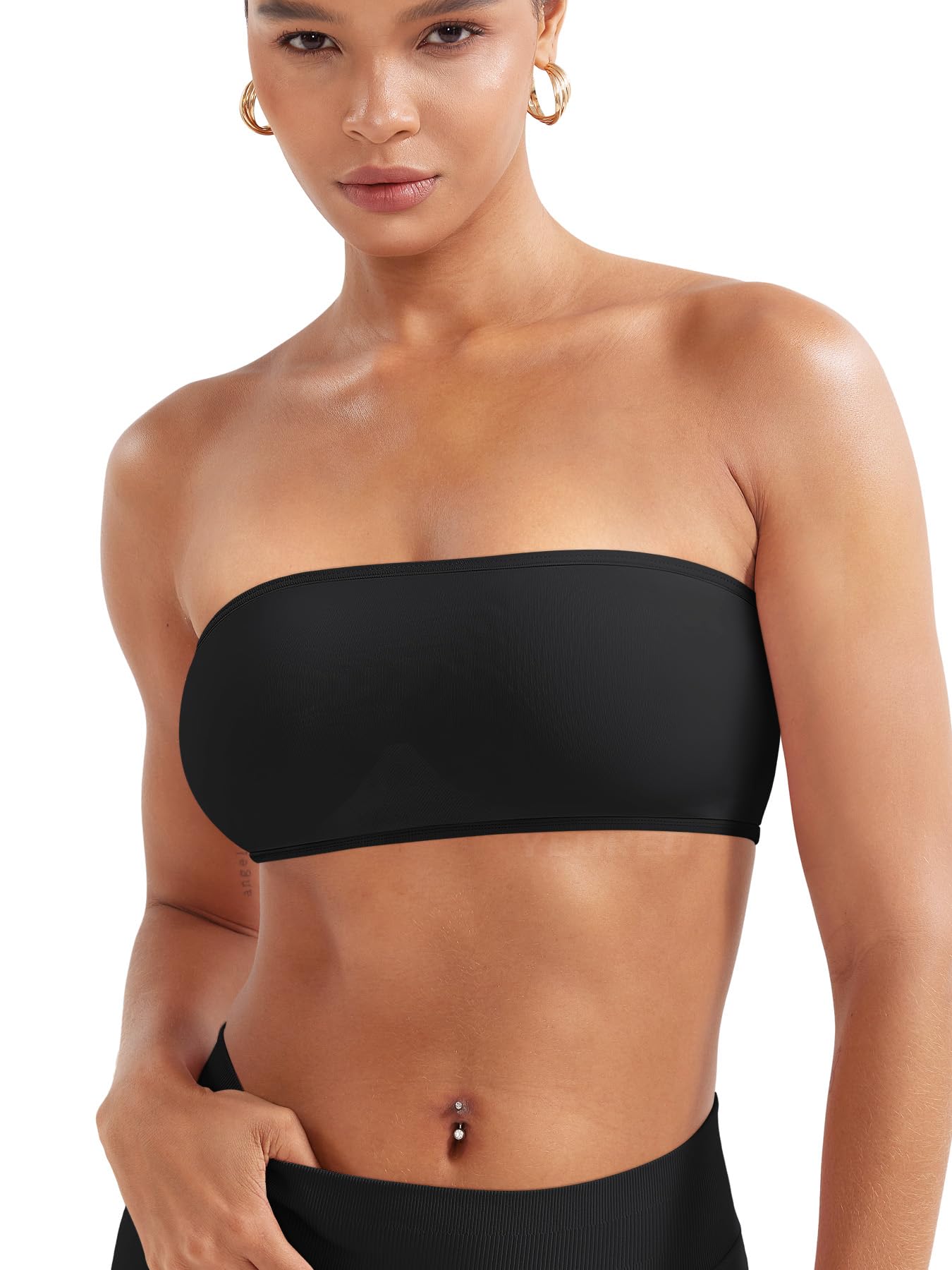Photo 1 of YEOREO Women Strapless Bandeau Sports Bra Padded Tube Top Workout Impact Backless Bralette Seamless Gym Yoga Everyday Bras Black-XS