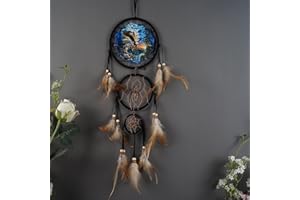REMORLET Triple Circles Wolf Eagle Bear Canvas Printing Dream Catcher, Christmas Home Decoration, WideLife Wall Decoration, Feather Decoration