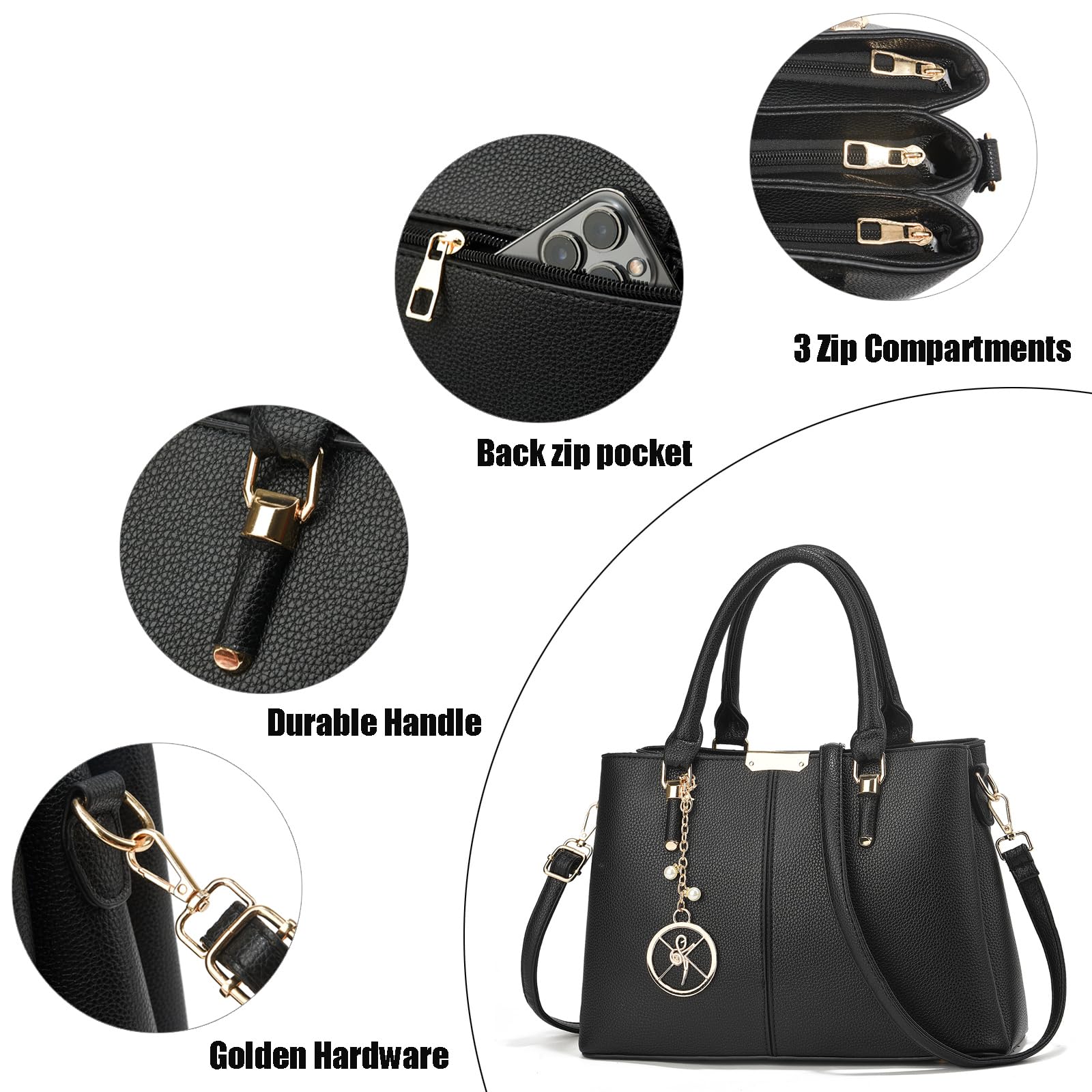 KURGOOL Purse and Handbags for Women, 3 Zip Compartments Tote Bag Designer Shoulder Purse Top Handle Satchel Bags