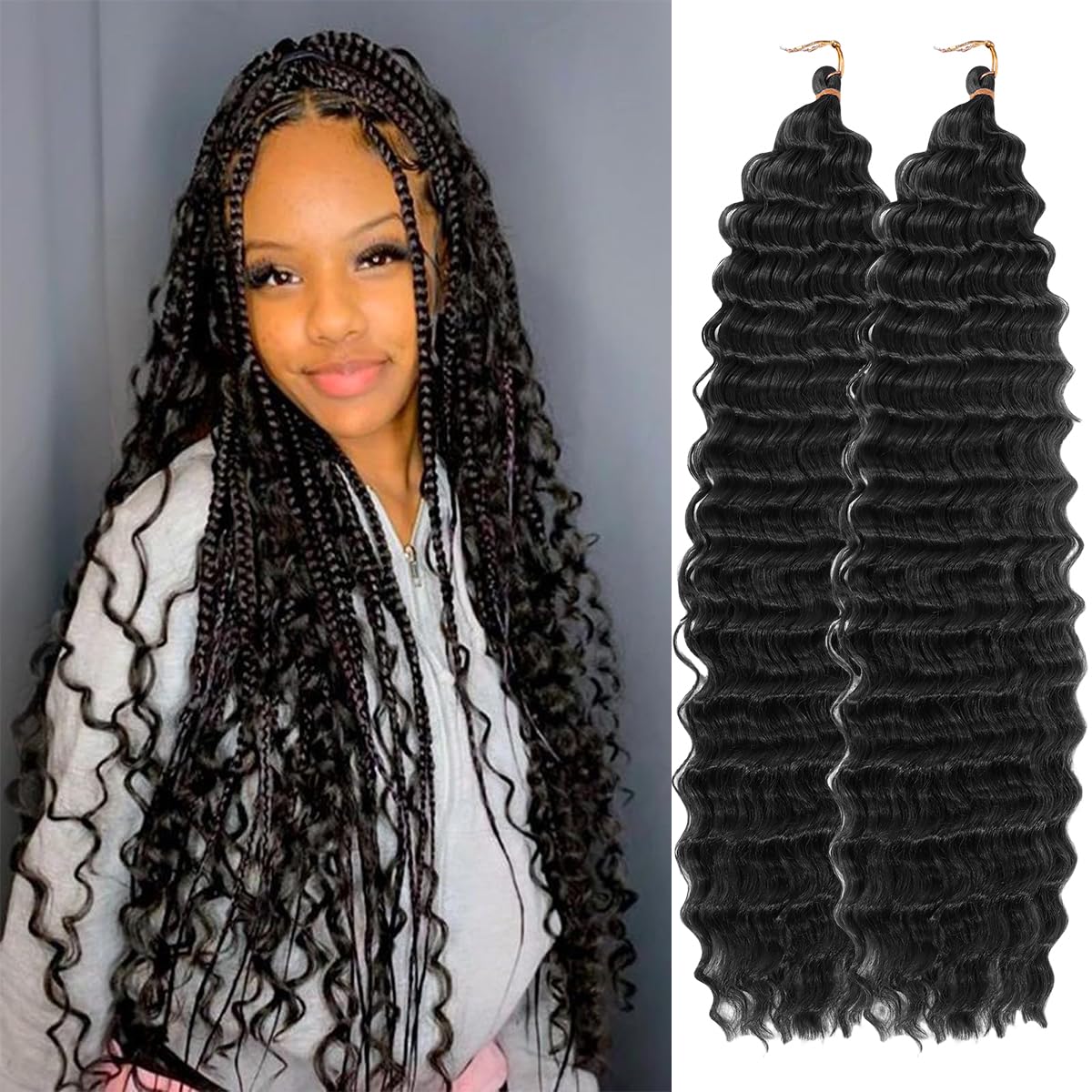 Ocean Wave Crochet Hair 24 Inch 2 Packs Deep Wave Curly Braiding Hair Extensions Synthetic Curly Crochet Hair For Black Women