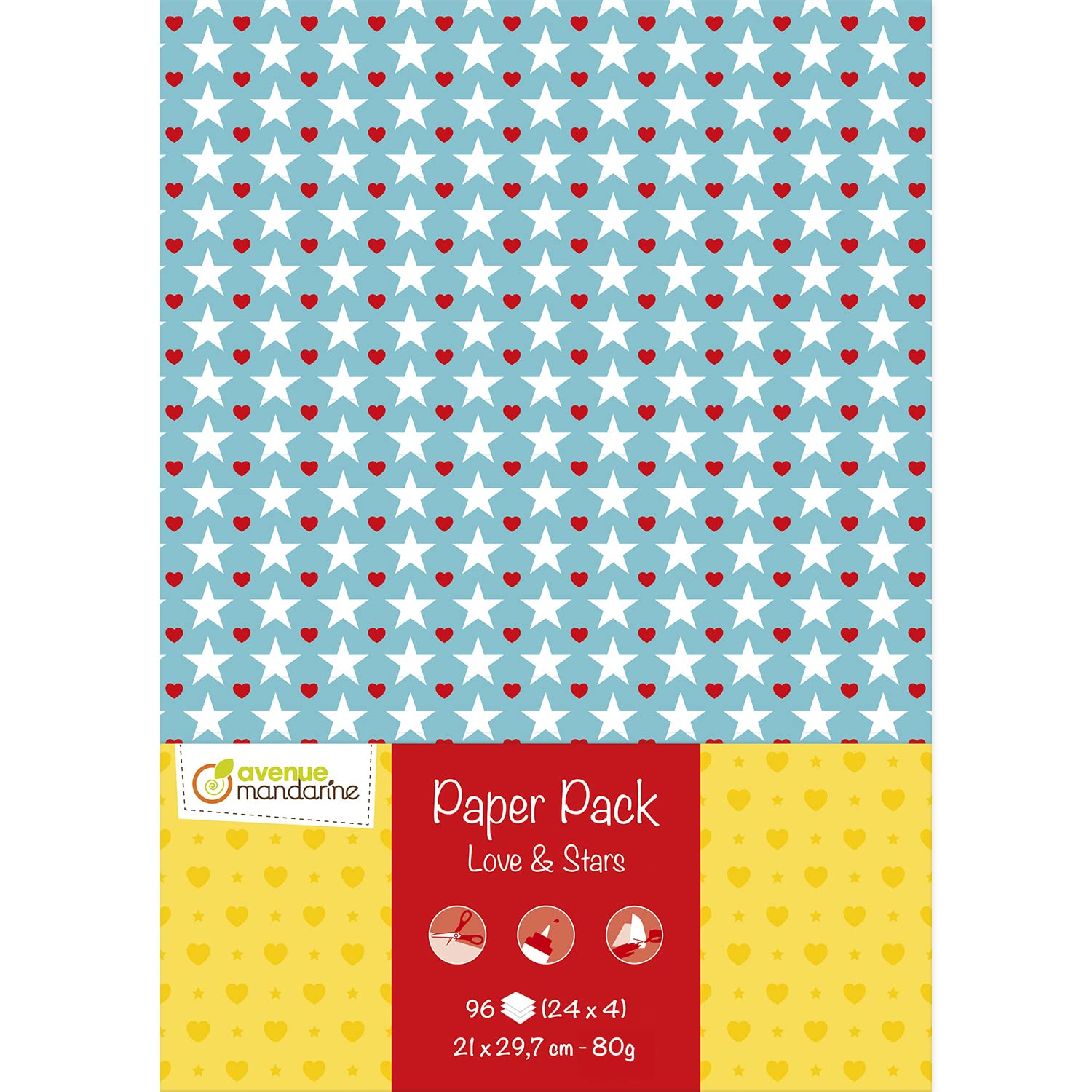 Avenue Mandarine CC057C - PAPER PACK - Package of 96 sheets of creative paper printed on both sides A4 - LOVE & STARS - Children's Creative and Leisure Activity