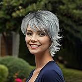 Creamily Short Grey Shaggy Wigs for Women Razor Cut Shag Wig with Bangs Synthetic Hair Replacement Wigs Short Wavy Layered Cut with Wispy Loose Curls Costume Mullet Wig